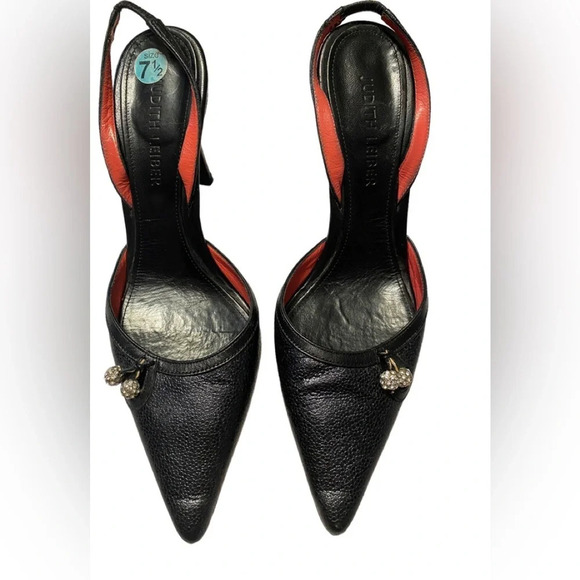 Judith Leiber Black Leather Crystal Ball Embellishments Sling Back Heels - Picture 2 of 10